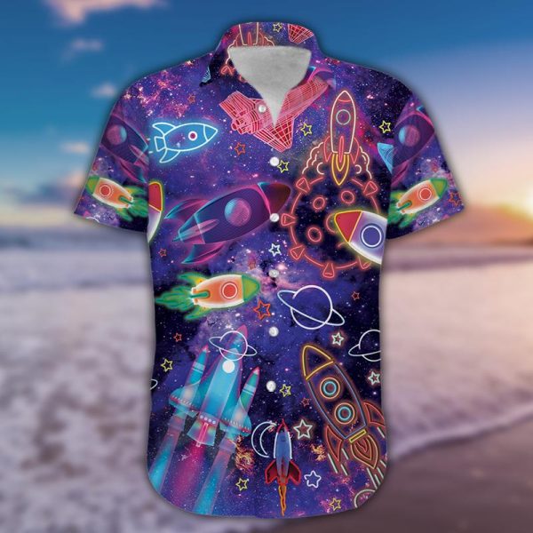 Amazing Neon Colorful Light Rocket In Outer Space Hawaiian Shirt | For Men & Women | HL2600