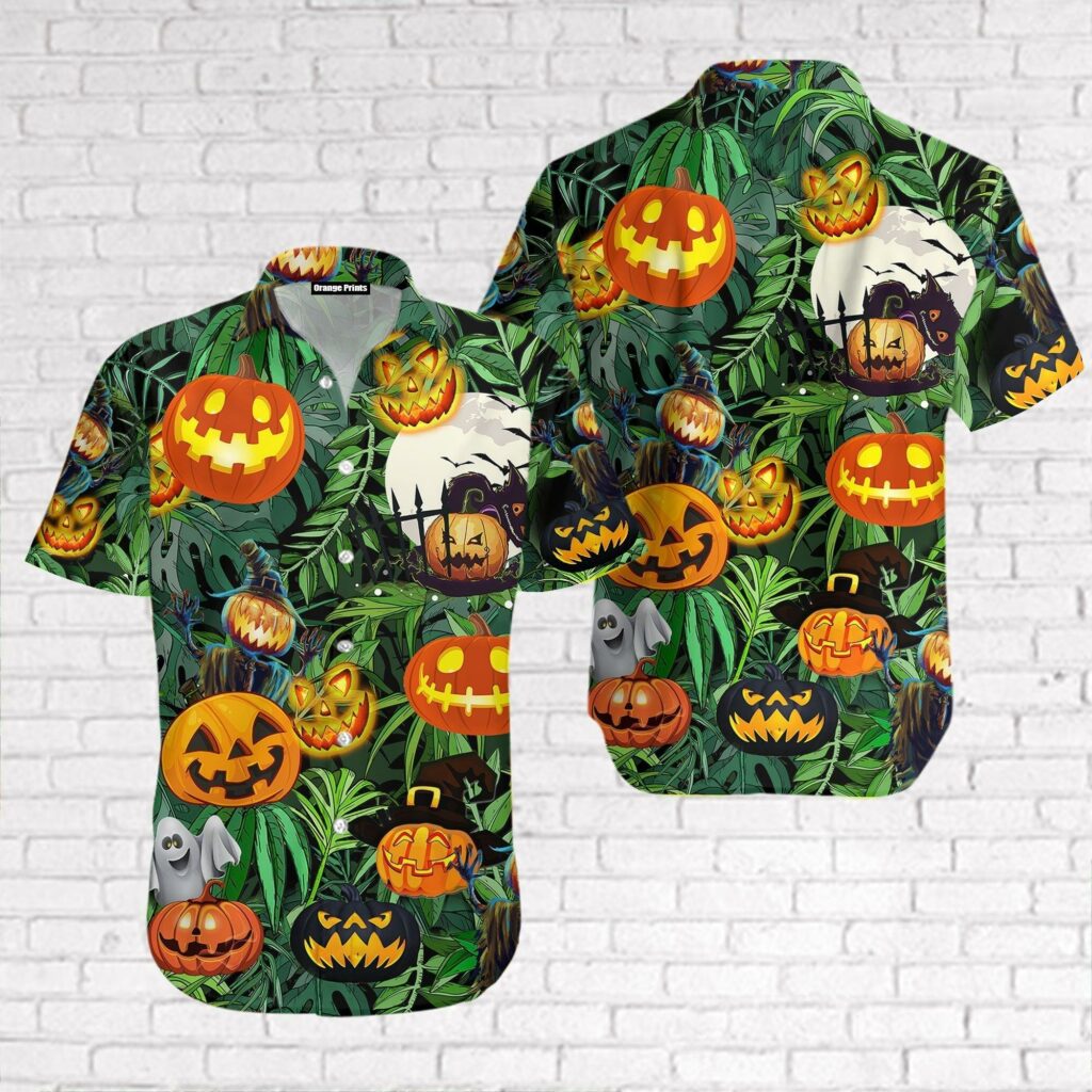 Amazing Pumpkin Halloween Green Leaf Tropical Hawaiian Shirt | For Men & Women | HW9253