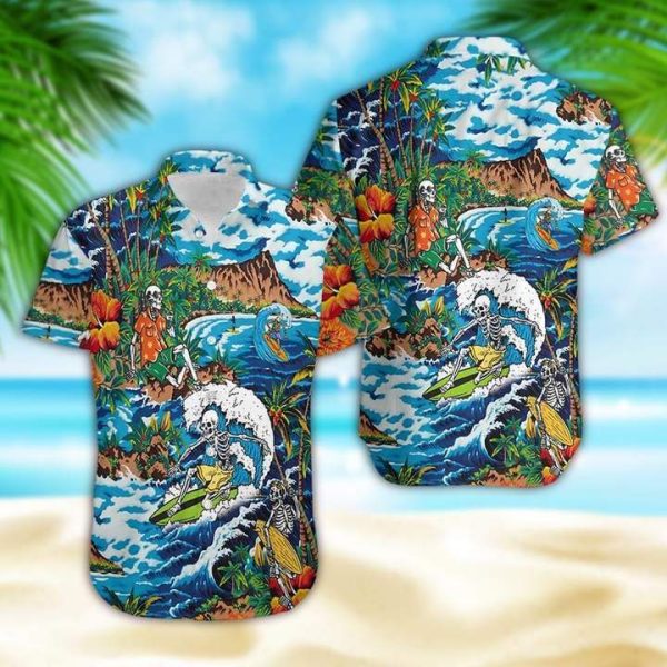 Amazing Skeleton Surfing On Tropical Island Halloween Hawaiian Shirt | For Men & Women | HW4131