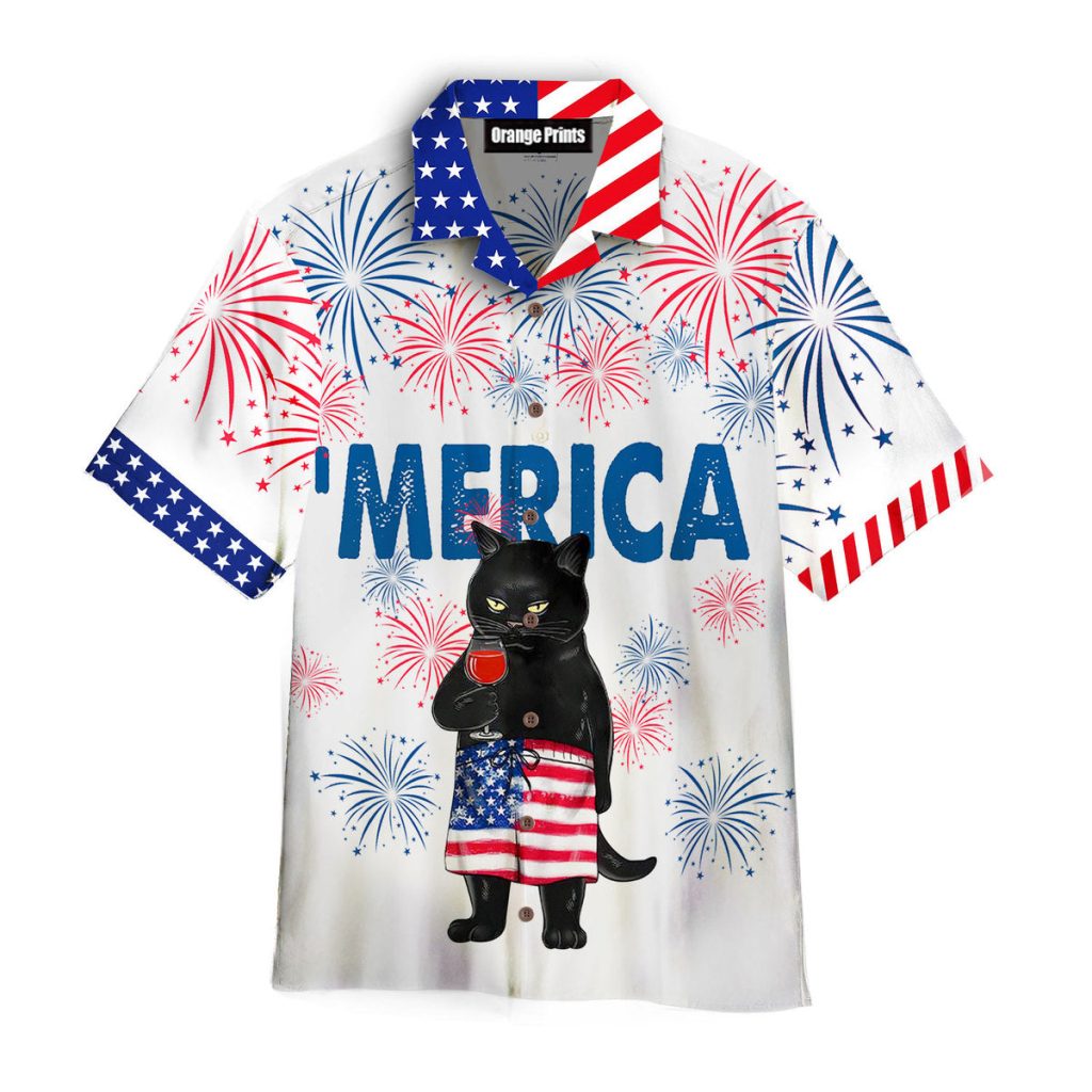 American Black Cat Drink Bourbon Hawaiian Shirt | For Men & Women | HW7119