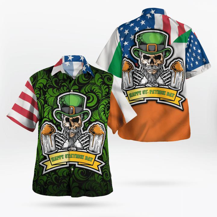 American Irish Flag With Celtic Cross Drinking Skeleton Hawaiian Shirt | For Men & Women | HL1531