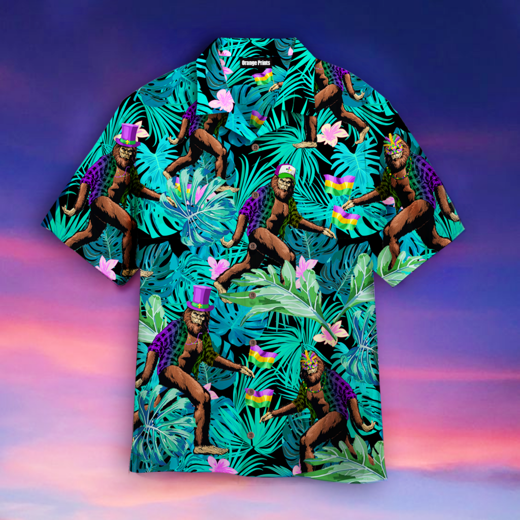 Bigfoot Happy Mardi Gras Fat Tuesday Carnival Tropical Hawaiian Shirt | For Men & Women | WT1604