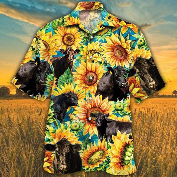 Black Angus Cattle Lovers Sunflower Watercolor Hawaiian Shirt | For Men & Women | HL3116
