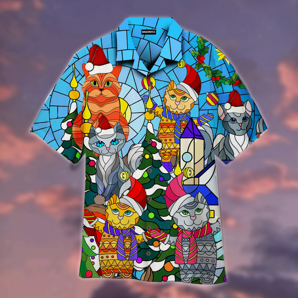 Cat Family Merry Christmas Stained Glass Hawaiian Shirt | For Men & Women | WT1161