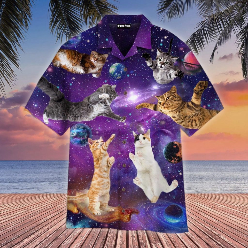 Cat Sits Silhouette Of A Bright Galaxy Hawaiian Shirt | For Men & Women | WT9513
