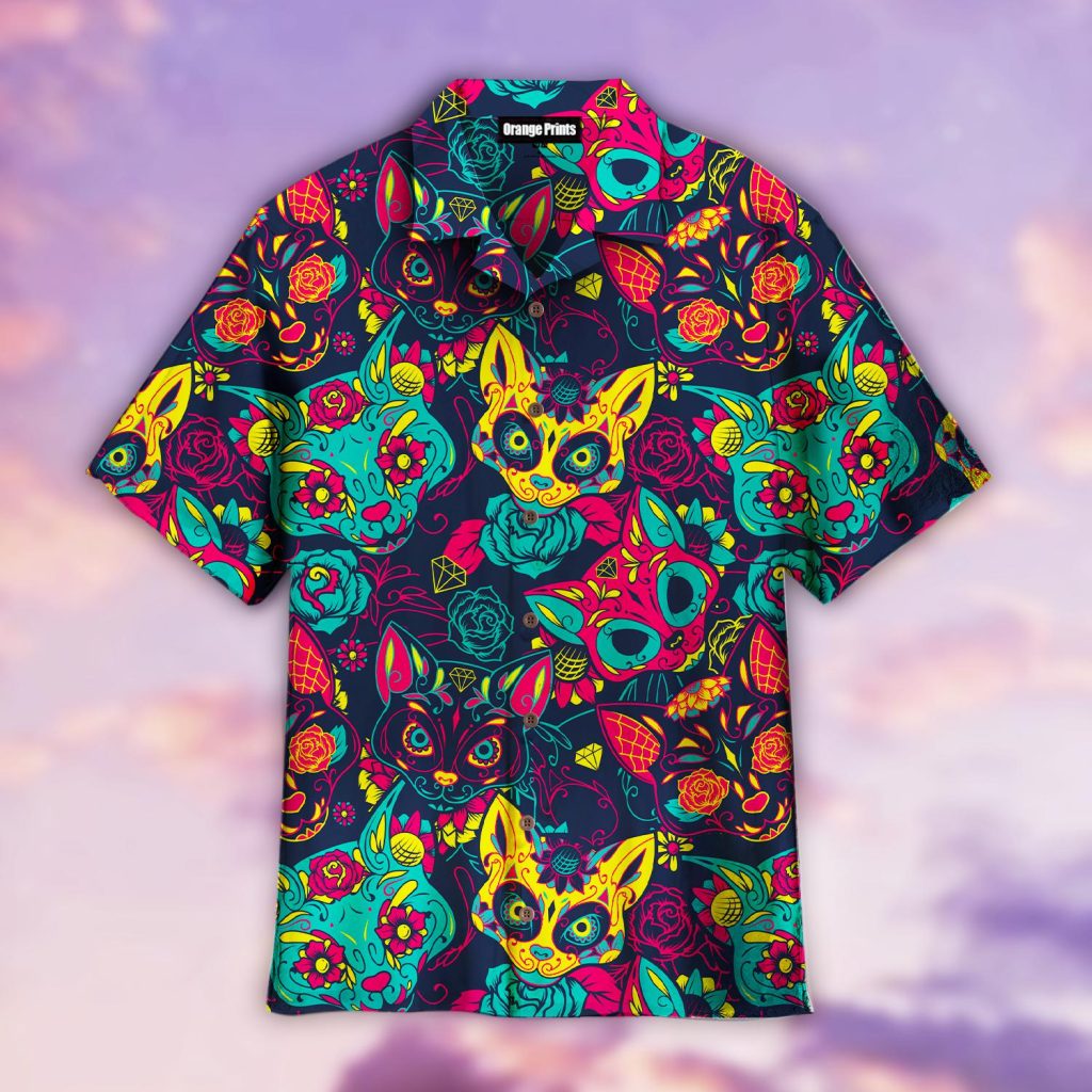 Day Of The Dead Colorful Sugar Cat Skull With Floral Hawaiian Shirt | For Men & Women | WT3040