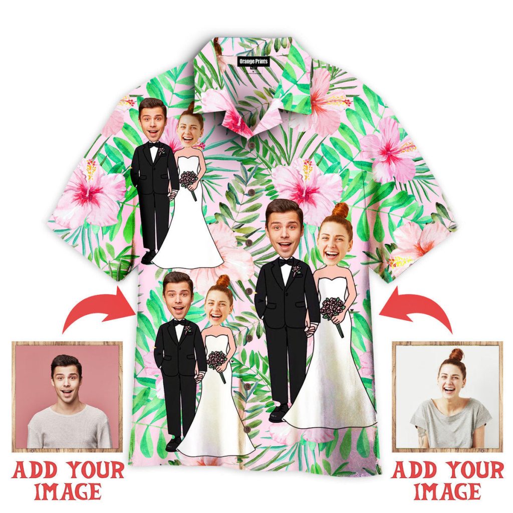 Funny Custom Face Happy Wedding Couple On Tropical Flowers Custom Hawaiian Shirt | For Men & Women | HWP1148