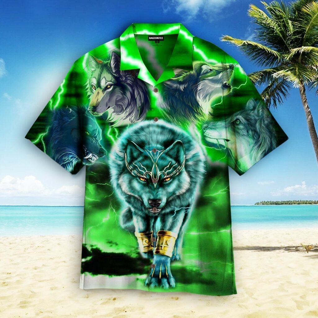 Green Neon Thunder Wolf Hawaiian Shirt | For Men & Women | HW4847