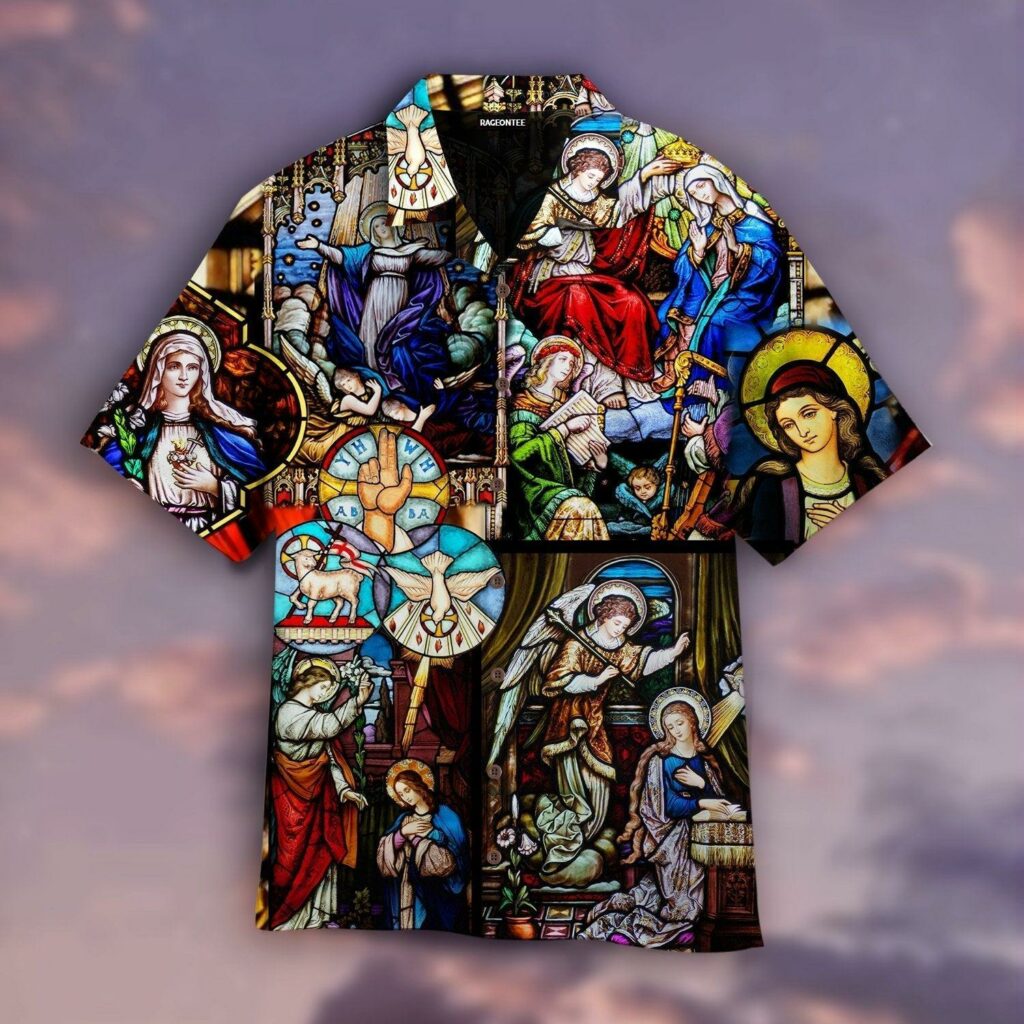 "Mary's Coronation" Religious Stained Glass Window Hawaiian Shirt | For Men & Women | WT1027