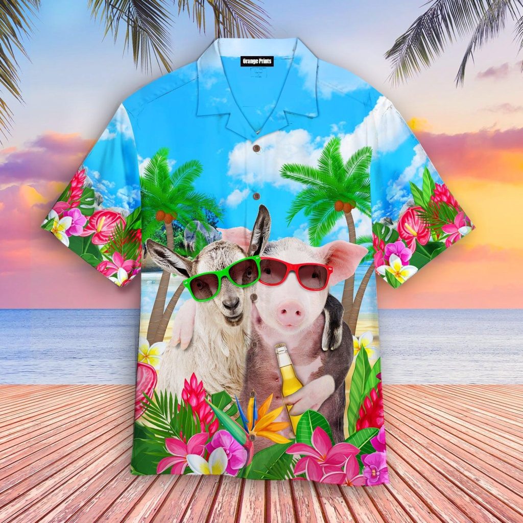 Pig And Goat In Sunglasses Hugging While Drinking Beer Hawaiian Shirt | For Men & Women | WT2110