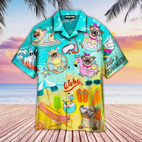 Pug Dogs Beach Hello Summer Aloha Hawaiian Shirt | For Men & Women | WT1985