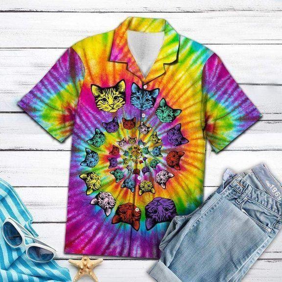 Tie-Dye Psychedelic Hippie Cat Hawaiian Shirt | For Men & Women | HW8086