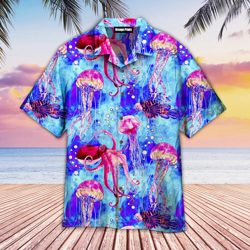Watercolor Octopus And Jellyfish On Blue Sea Hawaiian Shirt | For Men & Women | WT6181