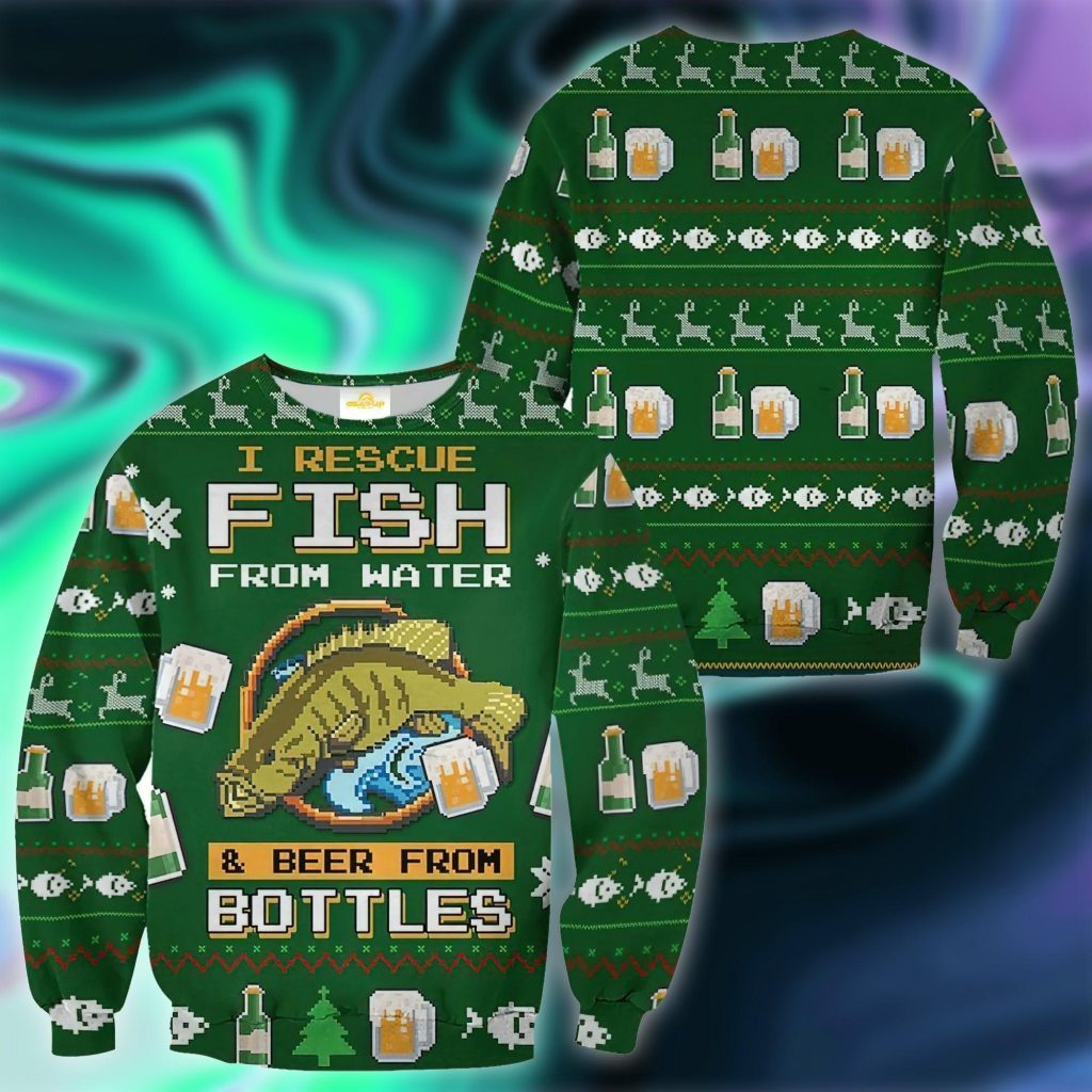 Funny Fish And Beer Ugly Christmas Sweater | For Men & Women | US3131-Colorful-Gerbera Prints.