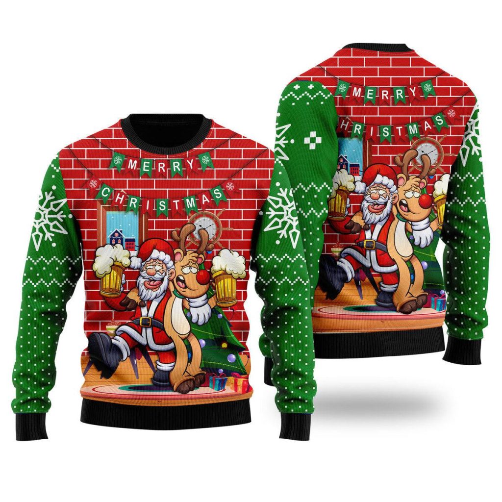 Funny Santa Drink Beer With Reindeer Ugly Christmas Sweater | For Men & Women | UH1221-Colorful-Gerbera Prints.