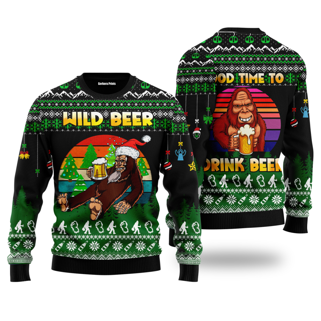 Good Time To Drink Beer Bigfoot Beer Christmas Ugly Christmas Sweater | For Men & Women | UH1910-Colorful-Gerbera Prints.