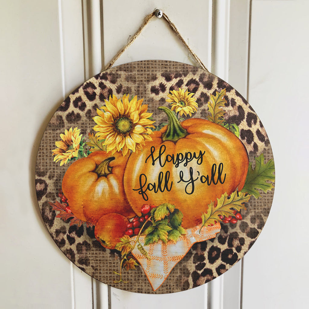 Happy Fall Y'All Sunflower Pumpkin Thanksgiving Round Wood Sign | Home Decoration | Waterproof | WS1237-Colorful-Gerbera Prints.