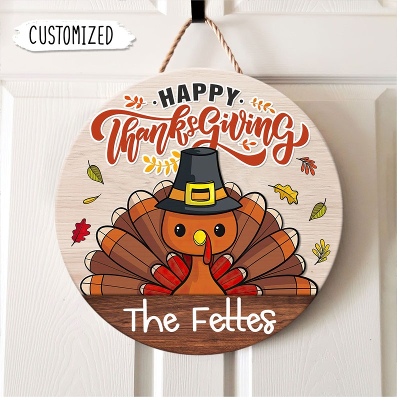 Happy Thanksgiving Custom Round Wood Sign | Home Decoration | Waterproof | WN1502-Colorful-Gerbera Prints.