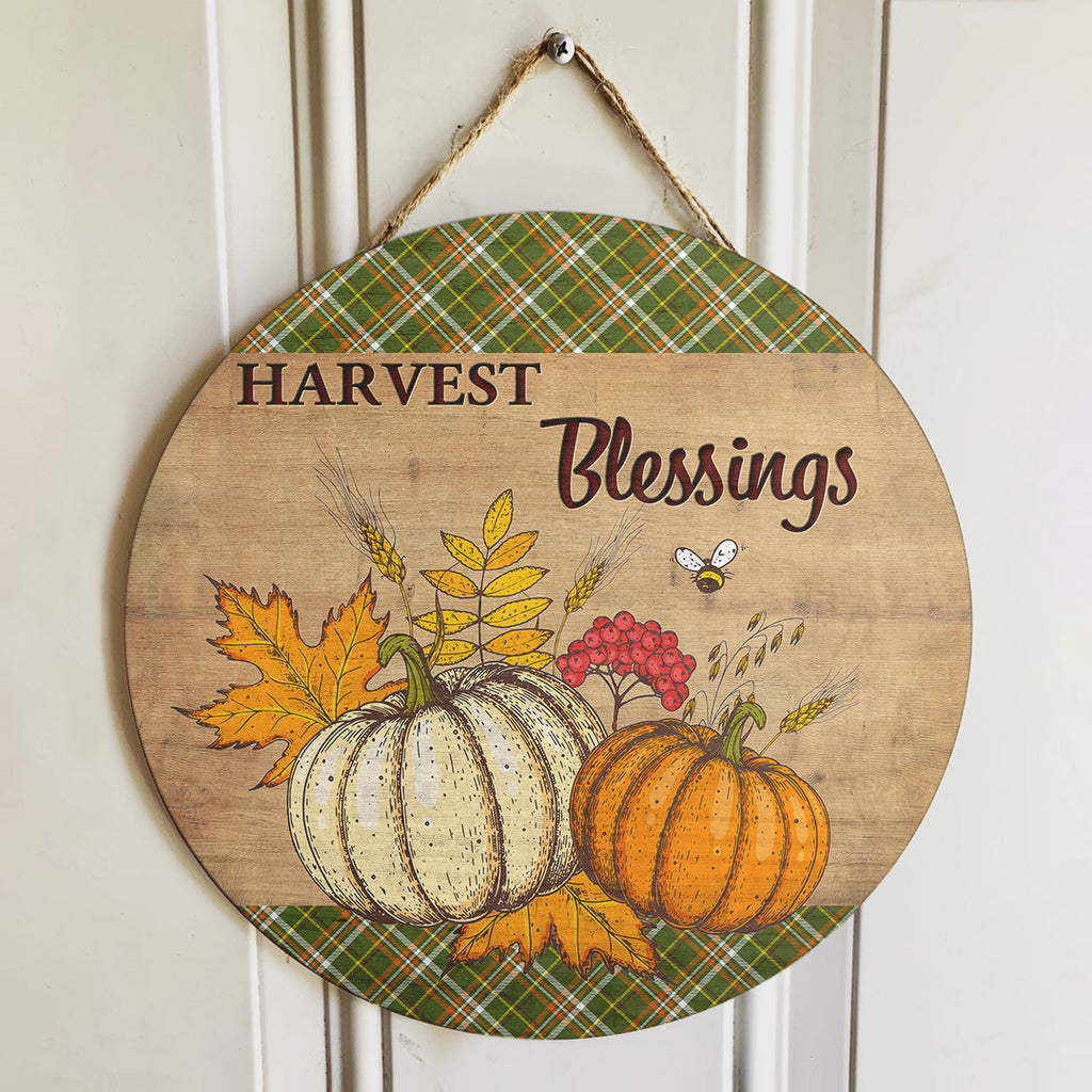Harvest Blessings Thanksgiving Gift Round Wood Sign | Home Decoration | Waterproof | WS1238-Colorful-Gerbera Prints.