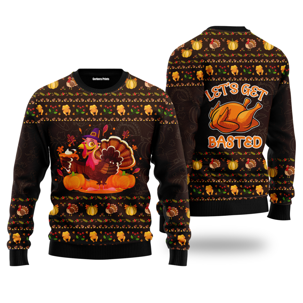 Lets Get Basted Turkey Thanksgiving Ugly Christmas Sweater | For Men & Women | UH1909-Colorful-Gerbera Prints.