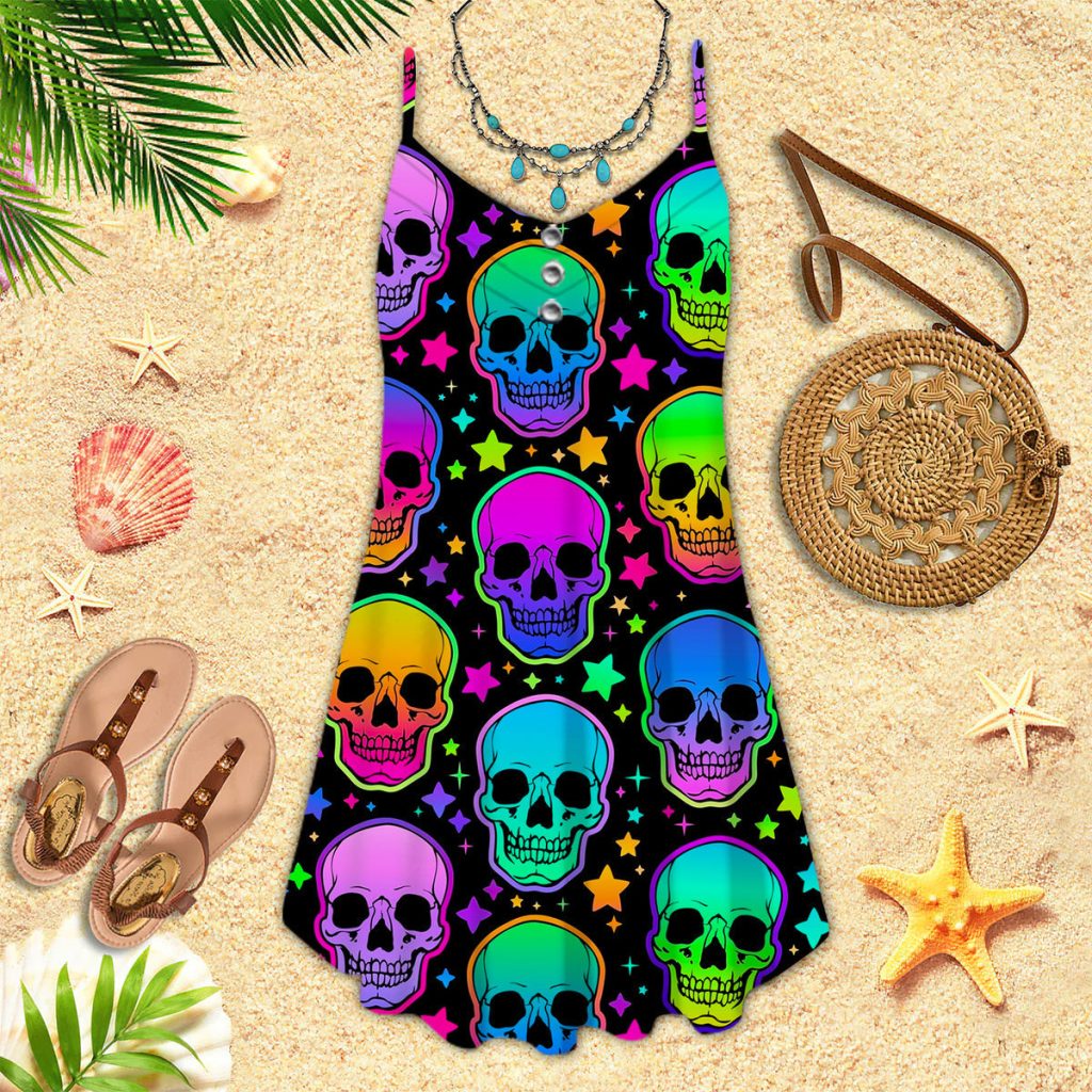 Neon Bright Skulls Pattern Spaghetti Strap Summer Dress | SD1741