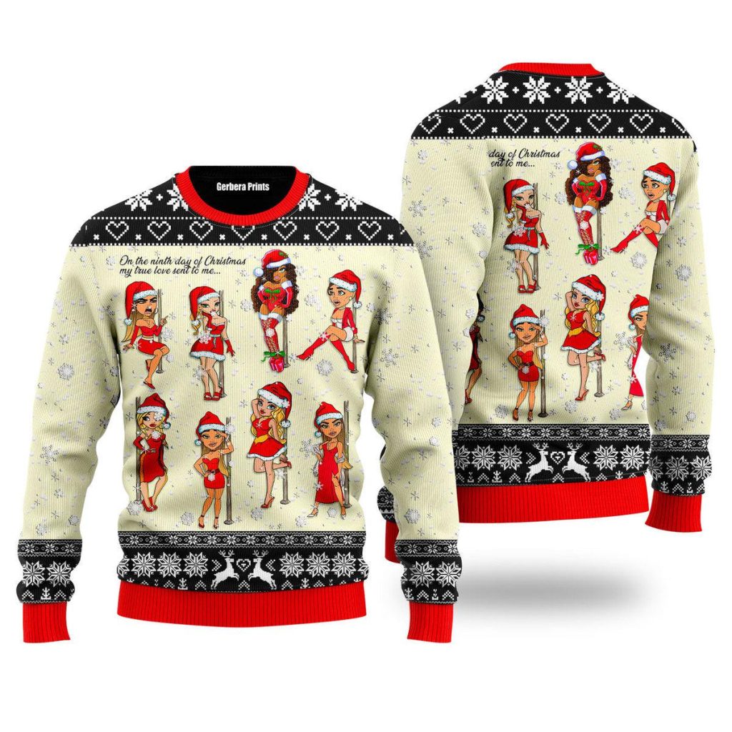Nine Sweet Santa Ladies Dancing Christmas Ugly Christmas Sweater | For Men & Women | UH1416-Colorful-Gerbera Prints.