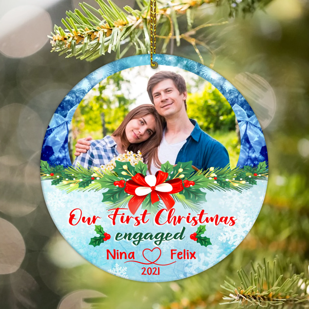 Our First Christmas Engaged Custom Photo Christmas Ceramic Ornament | Home Decoration | Print | OP1037-Colorful-Gerbera Prints.