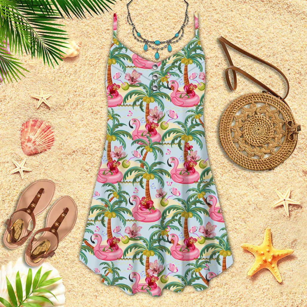 Pink Flamingos Summer Tropical Spaghetti Strap Summer Dress | SD1620
