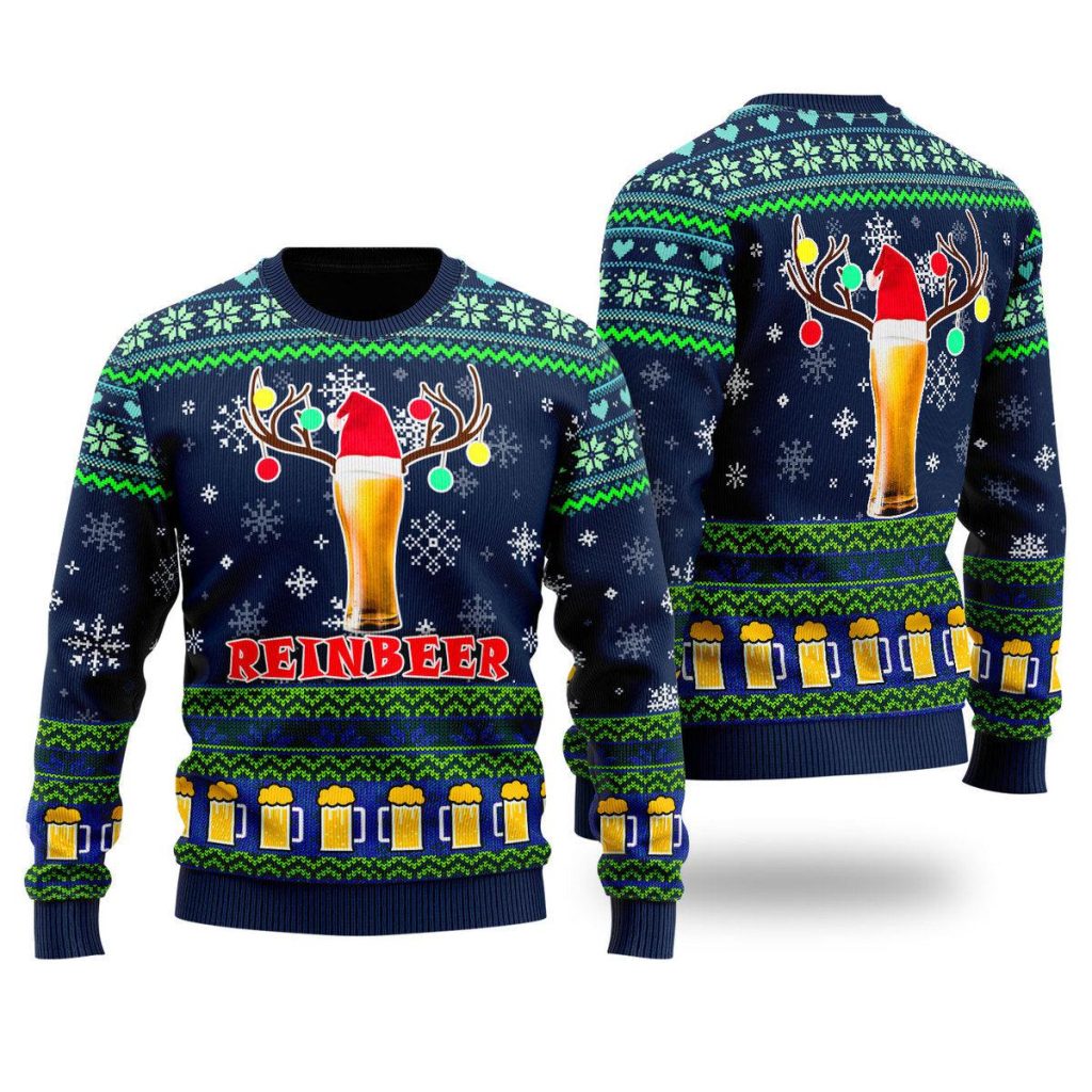 Reinbeer Christmas Beer Funny Ugly Christmas Sweater | For Men & Women | UH1315-Colorful-Gerbera Prints.