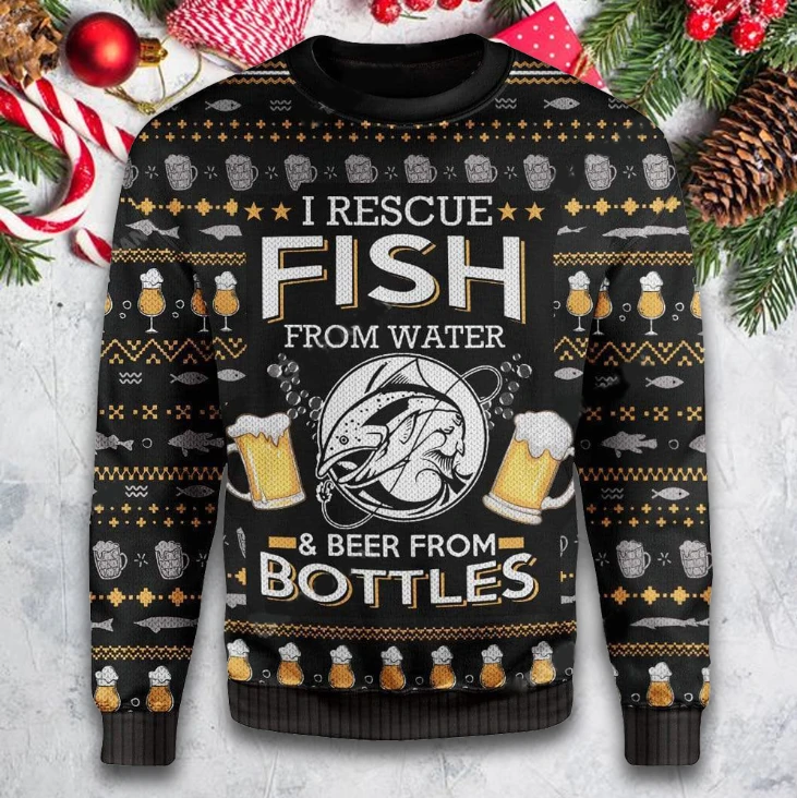 Rescue Fish From Water Beer Ugly Christmas Sweater | For Men & Women | US1781-Colorful-Gerbera Prints.