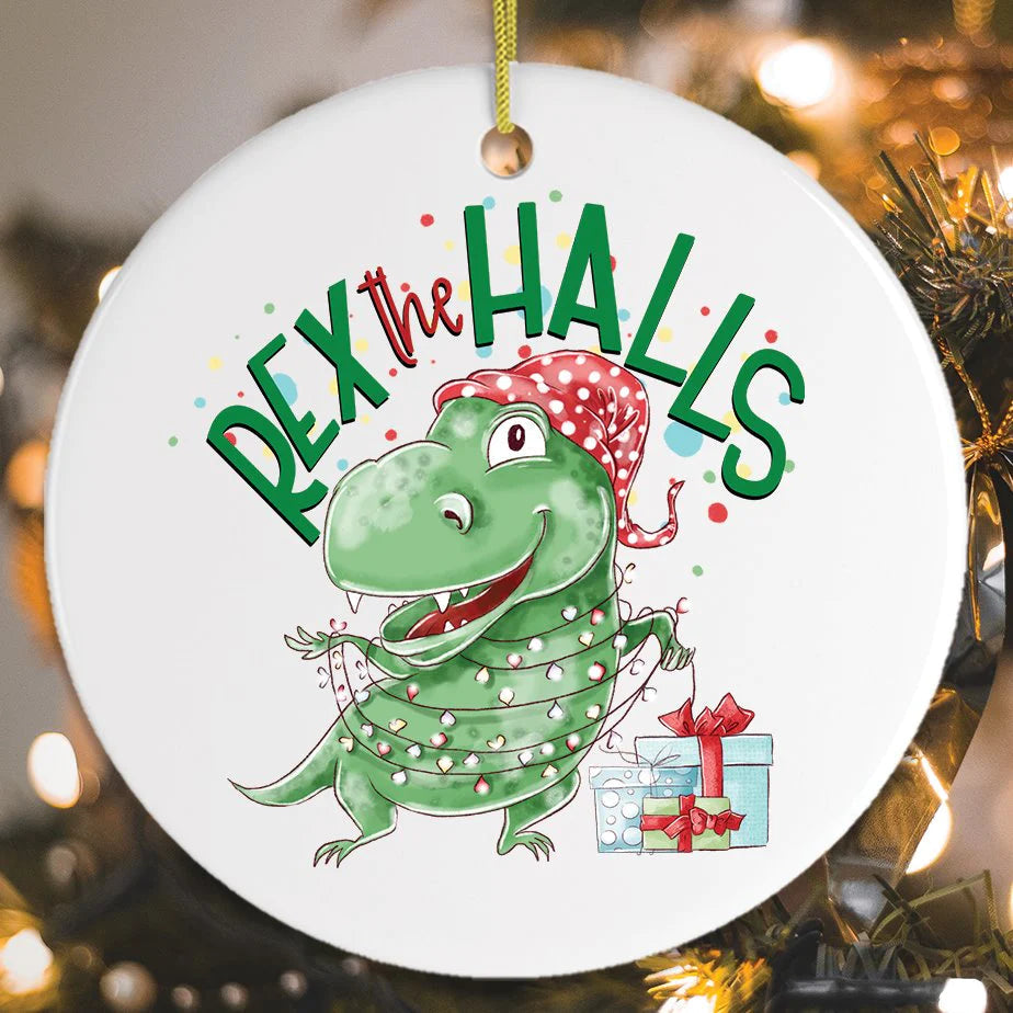 Rex the Halls Christmas Dinosaur Christmas Ceramic Ornament | Home Decoration | Print | OP1337-Colorful-Gerbera Prints.
