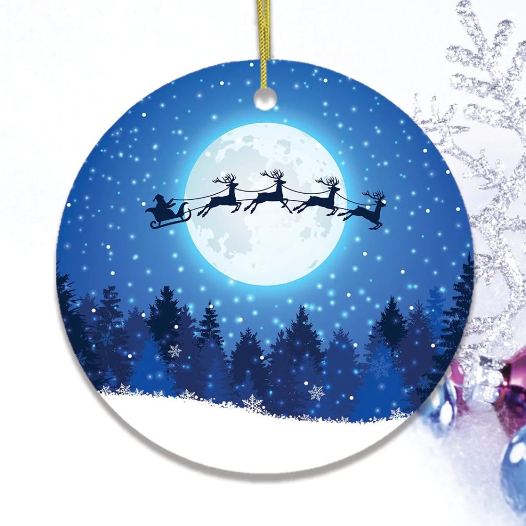 Santa Claus and Reindeer Silhouette over Full Moon Christmas Ceramic Ornament | Home Decoration | Print | OP1335-Colorful-Gerbera Prints.