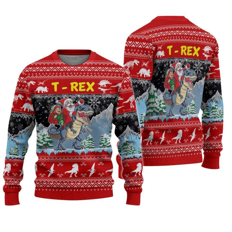 Santa Riding T-Rex Ugly Christmas Sweater | For Men & Women | Adult | US5144