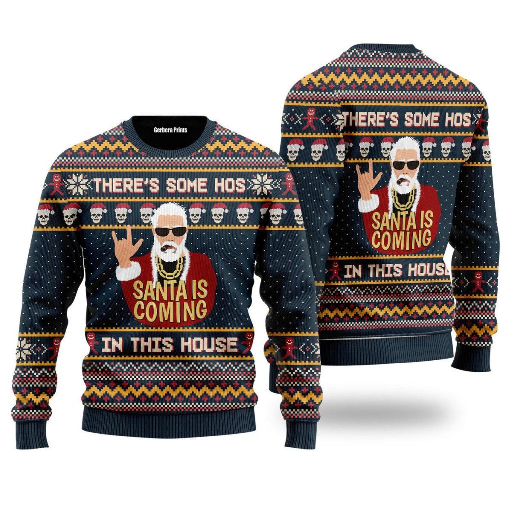 There’s Some Hos In This House Swaggy Santa Ugly Christmas Sweater | For Men & Women | UH1605-Colorful-Gerbera Prints.