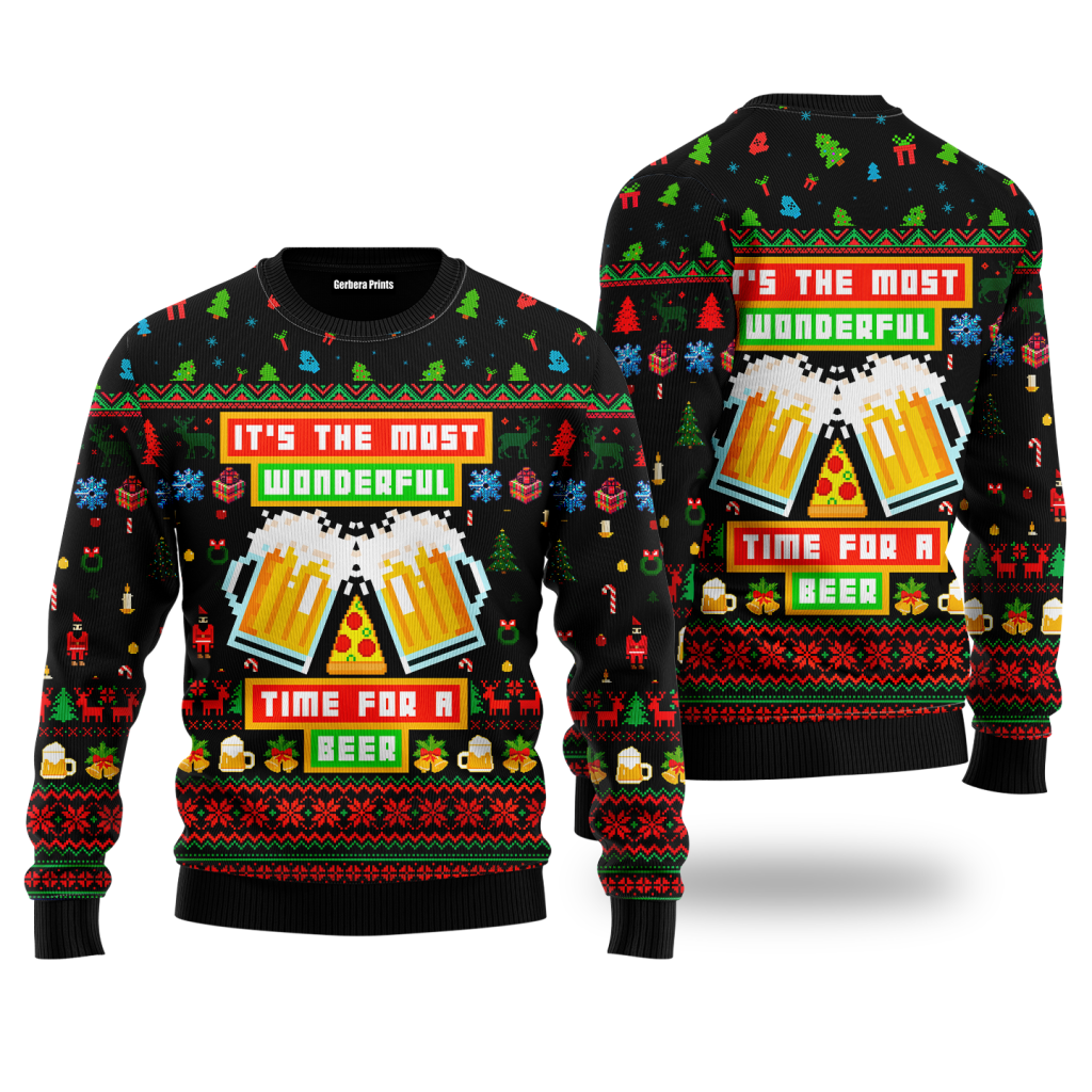Time For A Beer Funny Christmas Ugly Christmas Sweater | For Men & Women | UH1902-Colorful-Gerbera Prints.