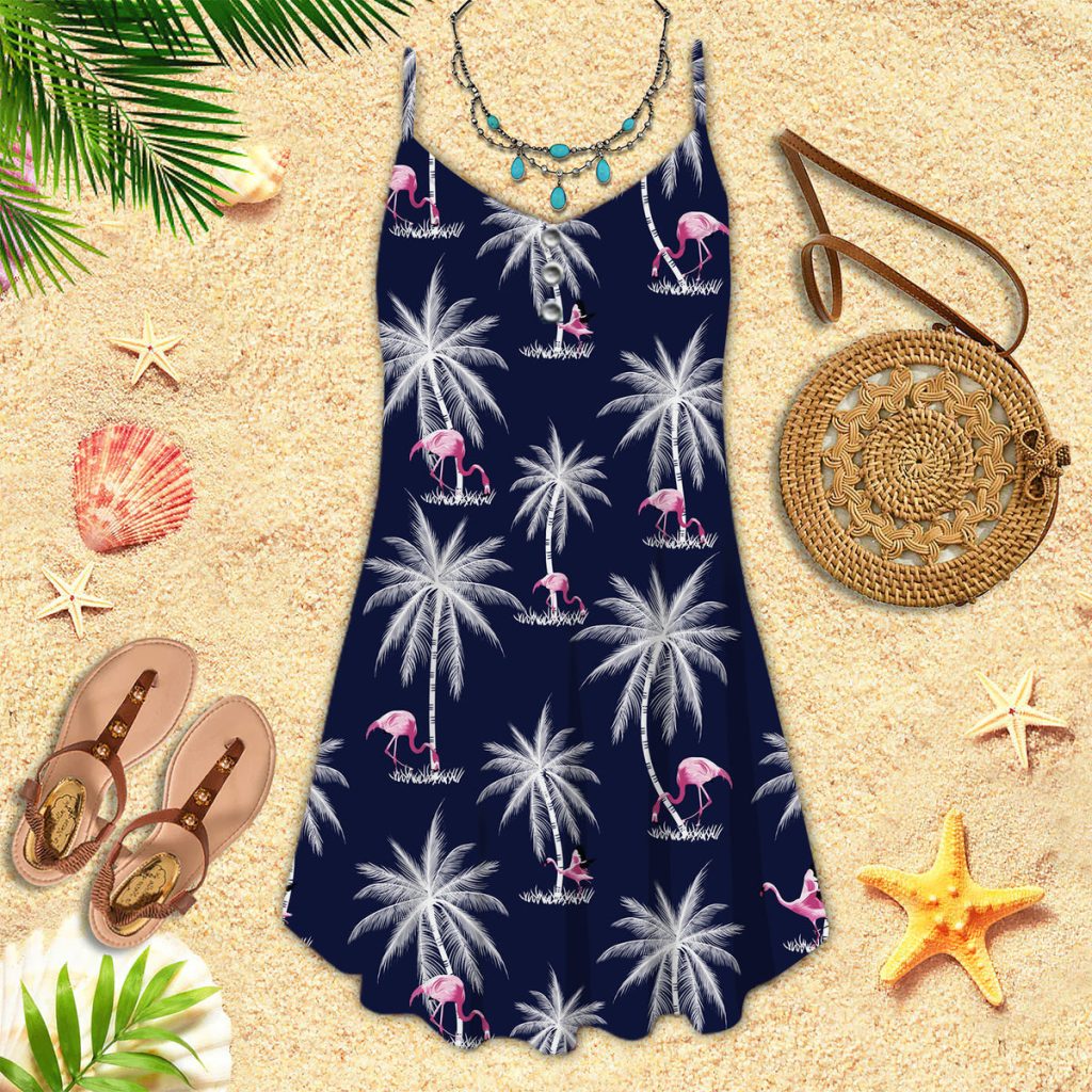 Tropical Flamingo And Palm Tree Spaghetti Strap Summer Dress | SD1494