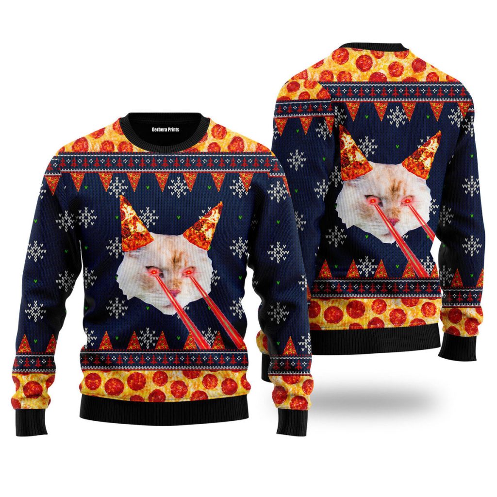 Pizza Cat With Laser Eyes Ugly Christmas Sweater | For Men & Women | UH1327-Colorful-Gerbera Prints.