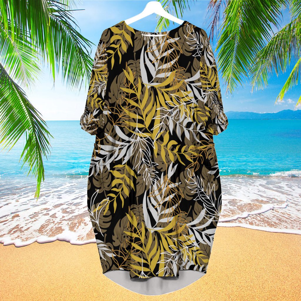 Yellow And Brown Palm Leaves Pattern Long Sleeve Midi Dress | MD1527