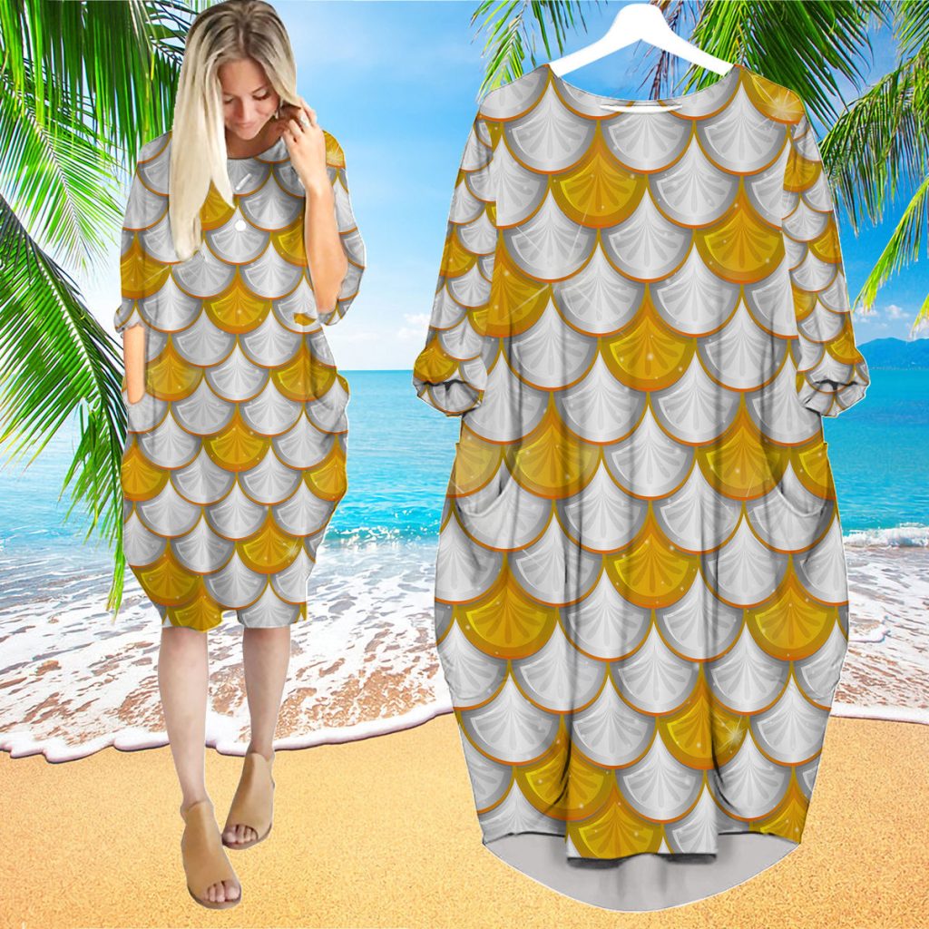 Yellow & White Mermaid Scales Long Sleeve Midi Dress | MD1694