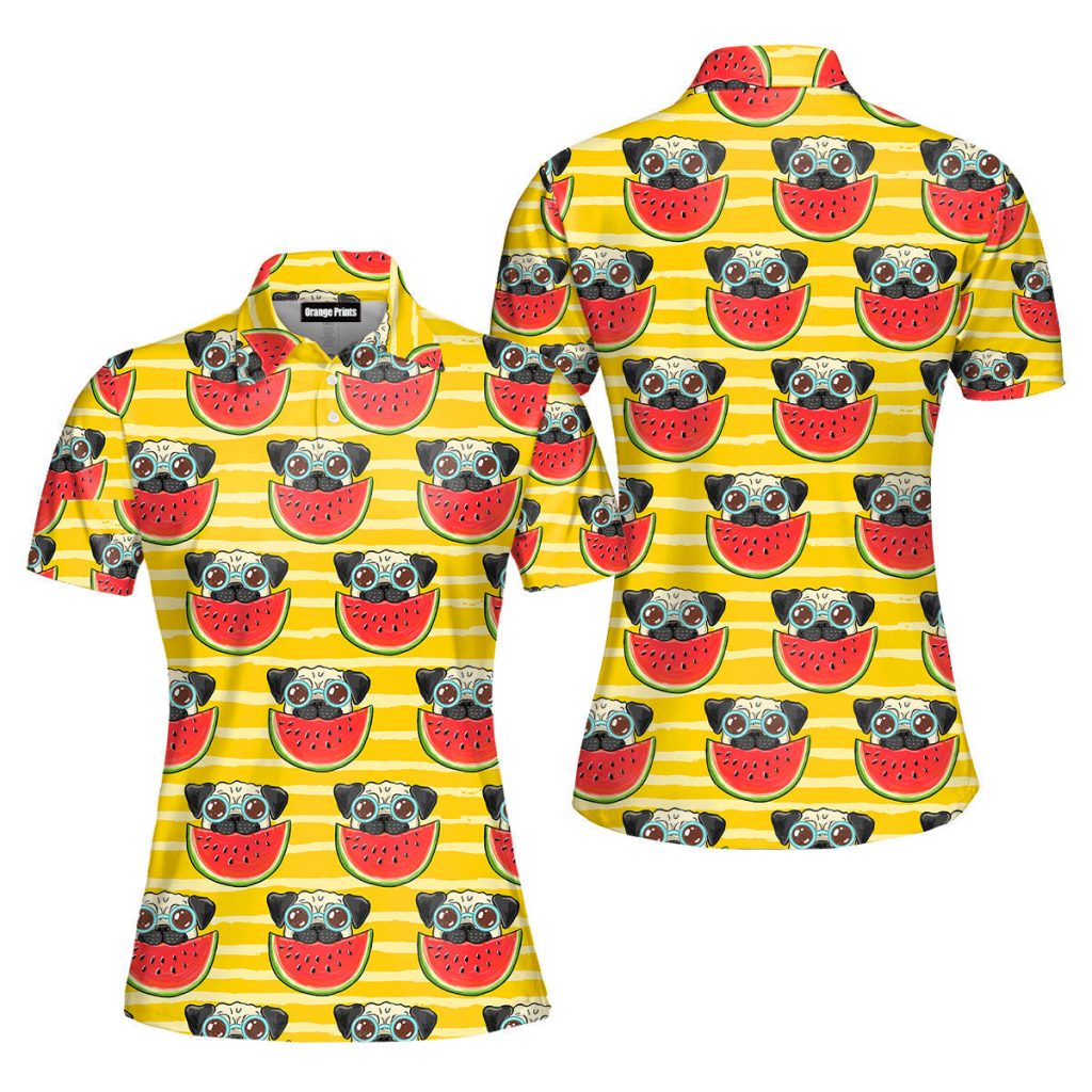 Funny Pug In Sunglasses Eating Watermelon Polo Shirt | For Women | PO5572