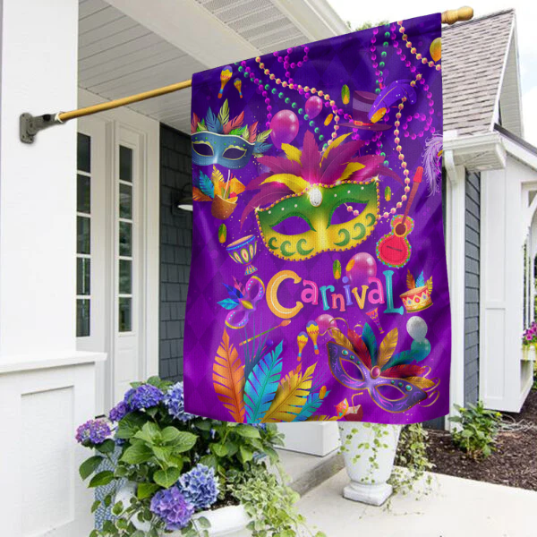 Happy Mardi Gras Fat Tuesday Carnival House Decor Flag | Flax Polyester | HF3307