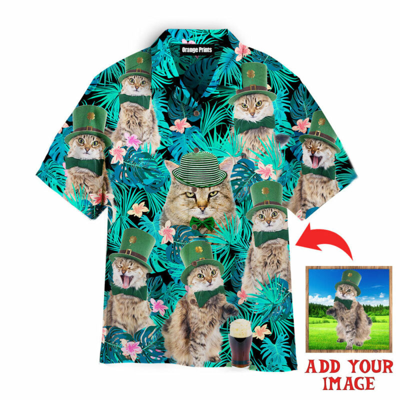 Funny Cat Happy Irish St. Patrick's Day Tropical Custom Photo Aloha Hawaiian Shirts | For Men & Women | HWP1291